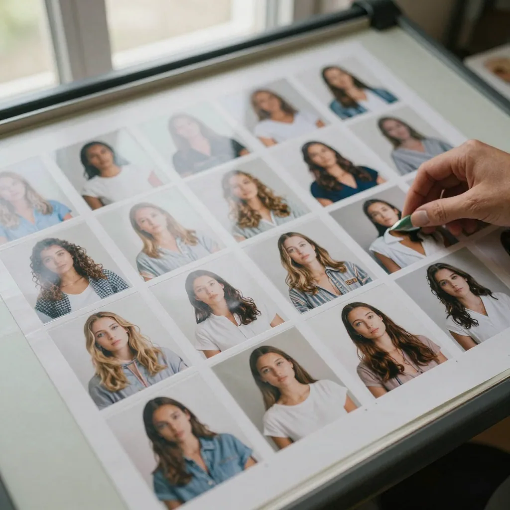 A grid of twenty printed portrait photos of the same young woman in different outfits and angles laid out on a light table, a hand tidying t