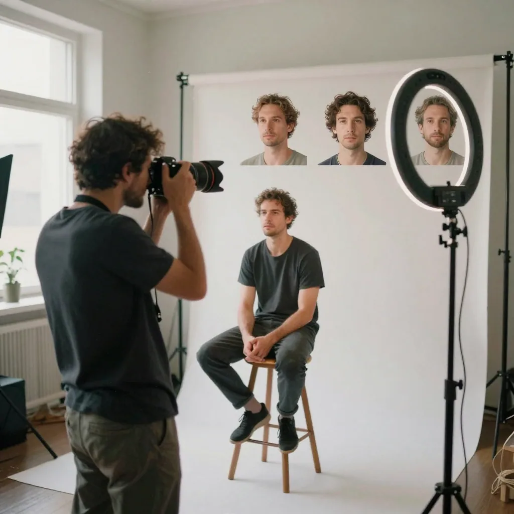 A photographer capturing a man's face from many angles under an even ring of studio light, a stool and seamless backdrop, building a consist
