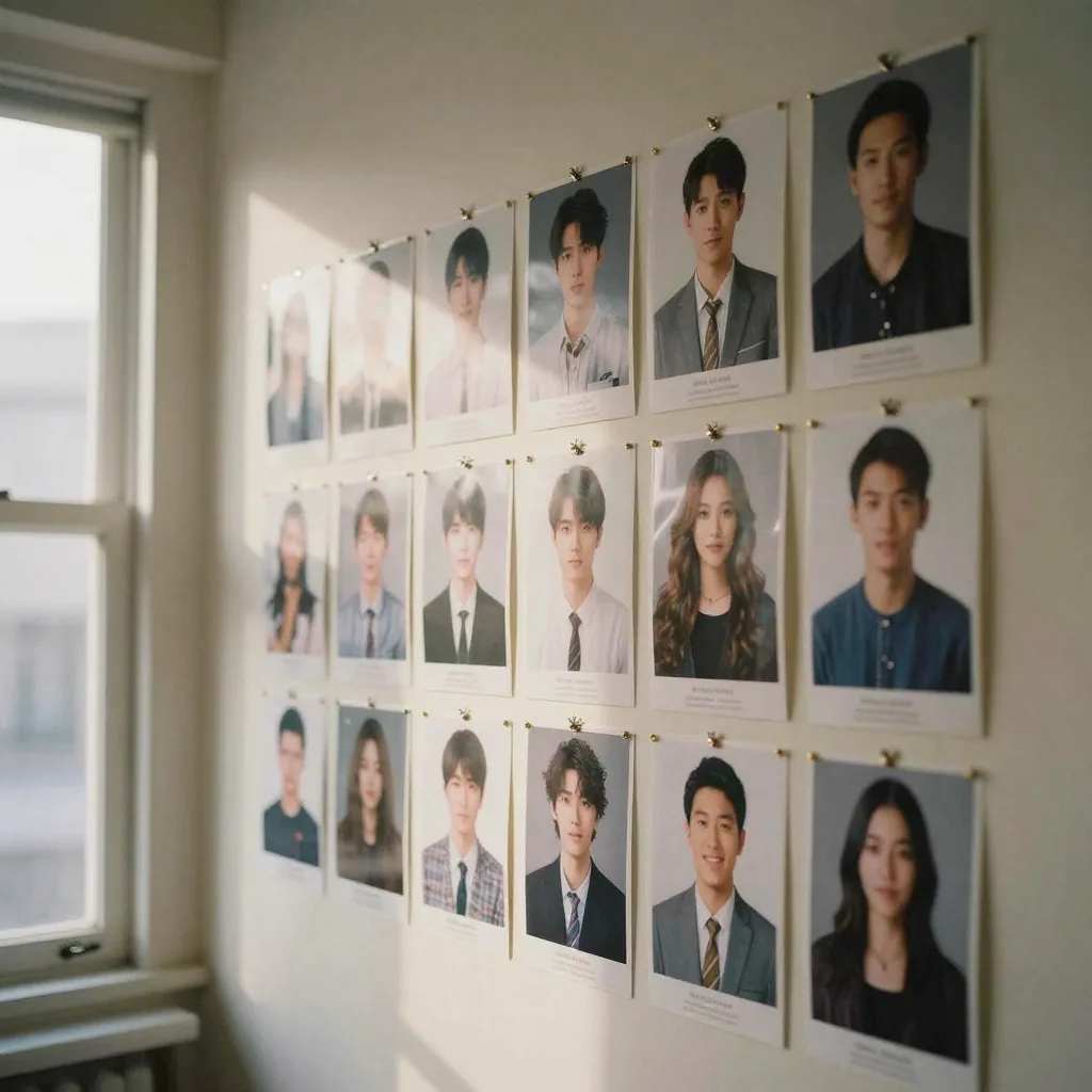 A designer pinning a wall of matching character reference stills, all the same face across lighting and wardrobe, warm studio light raking t