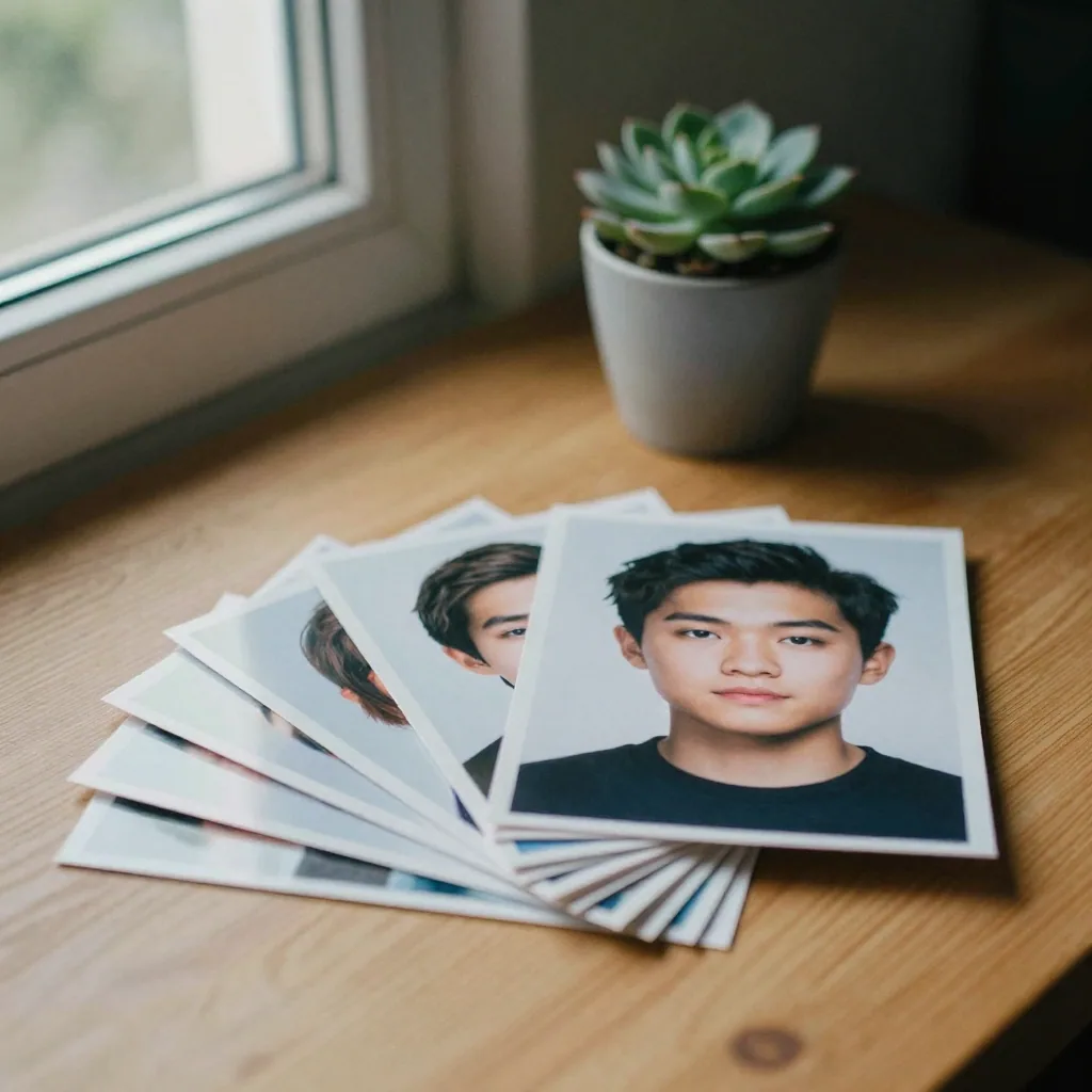 A neat stack of glossy headshot prints of one subject fanned on a wooden desk beside a small potted succulent, soft window light from the le