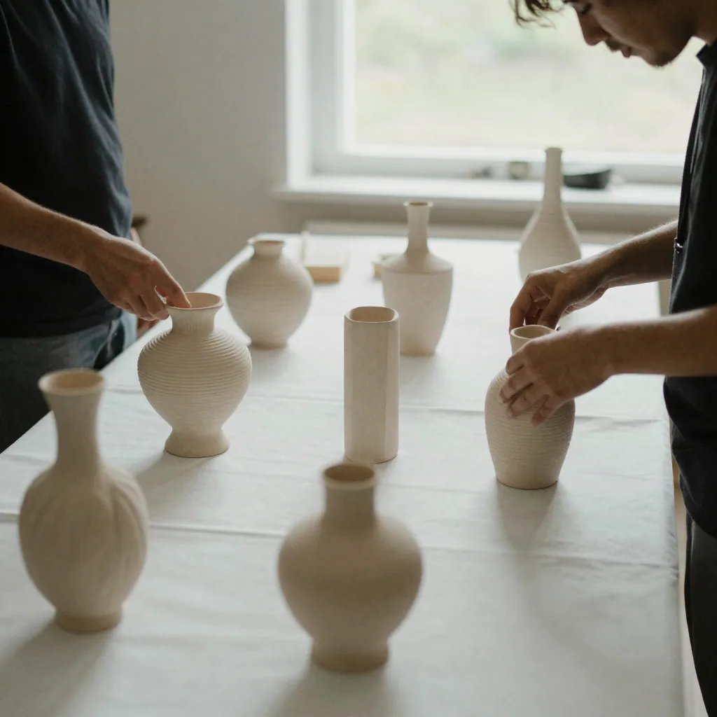 A creator sorting product photos of a single sculpted vase shot from every side on a white sweep, arranging them into a tidy consistent set