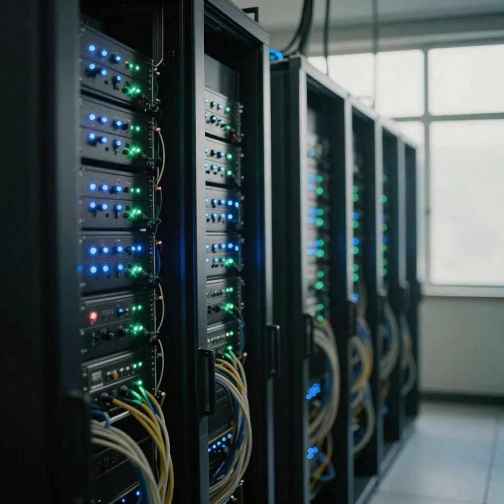 Server racks glowing with rows of tiny blue and green lights in a cool dim data hall, cables neatly bundled, receding into soft depth of fie