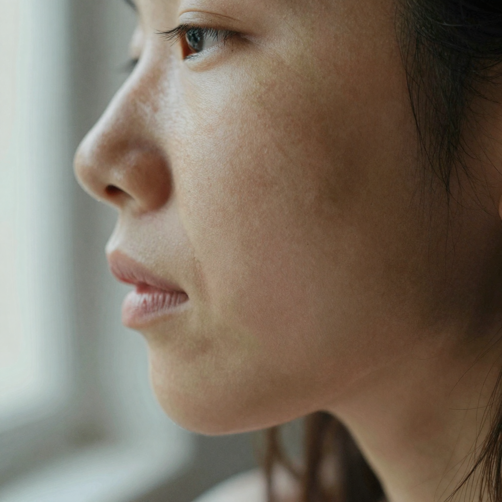 Extreme macro of a woman's cheek showing real skin texture, faint freckles, fine peach fuzz and subtle pores, soft natur