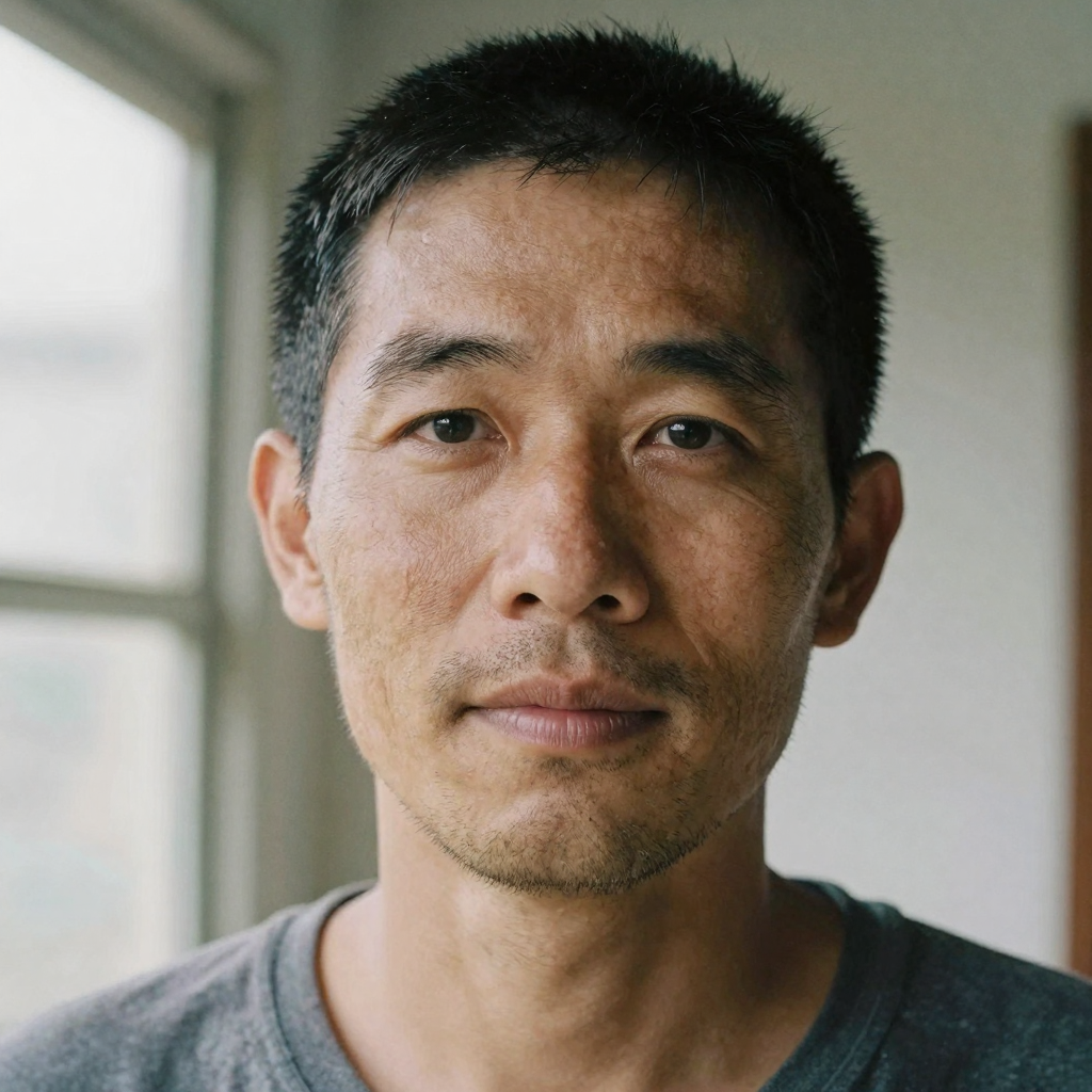 A man's weathered face in candid outdoor light, natural stubble and skin imperfections, slightly uneven tones, honest ph