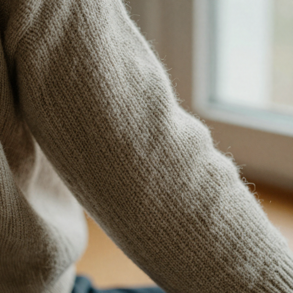 Close-up of a knit wool sweater sleeve showing individual fiber texture and soft grain, warm lamplight, tactile natural
