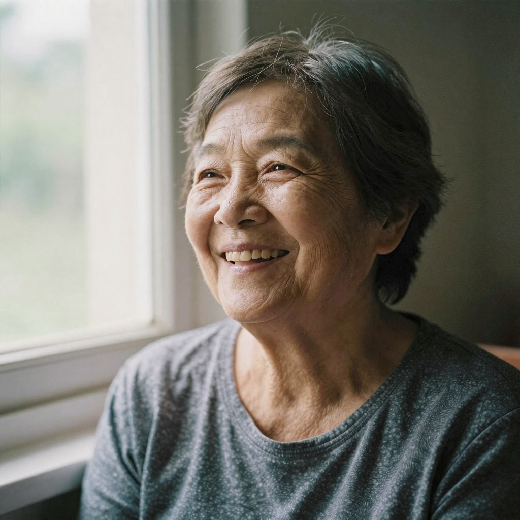 A portrait of an older woman by a window, laugh lines and natural skin sheen, soft directional daylight, unretouched aut