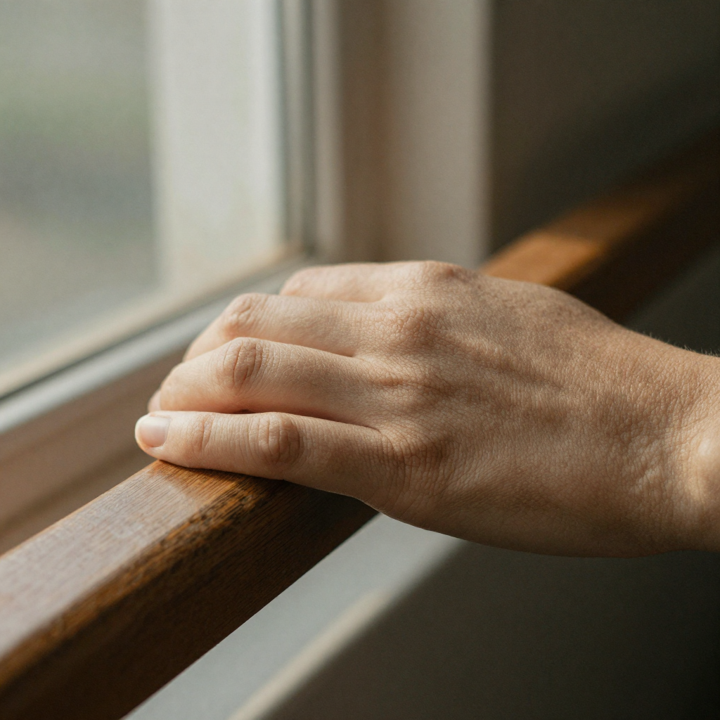 Macro of a hand resting on a wooden rail, fine skin creases and knuckle texture visible, warm late-day sun, grounded rea