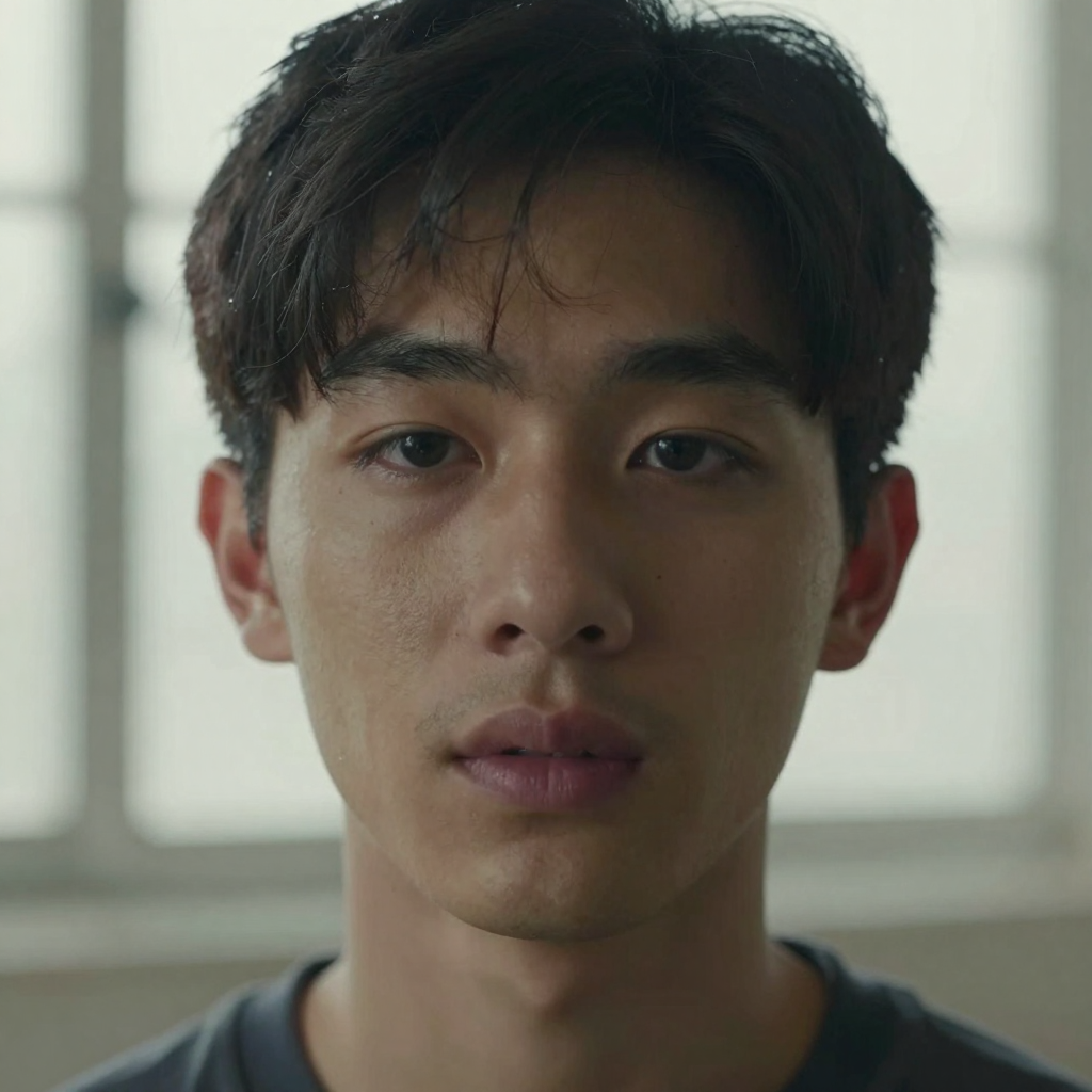 A young man's face in overcast diffused light with subtly asymmetric features and a stray hair across his forehead, beli