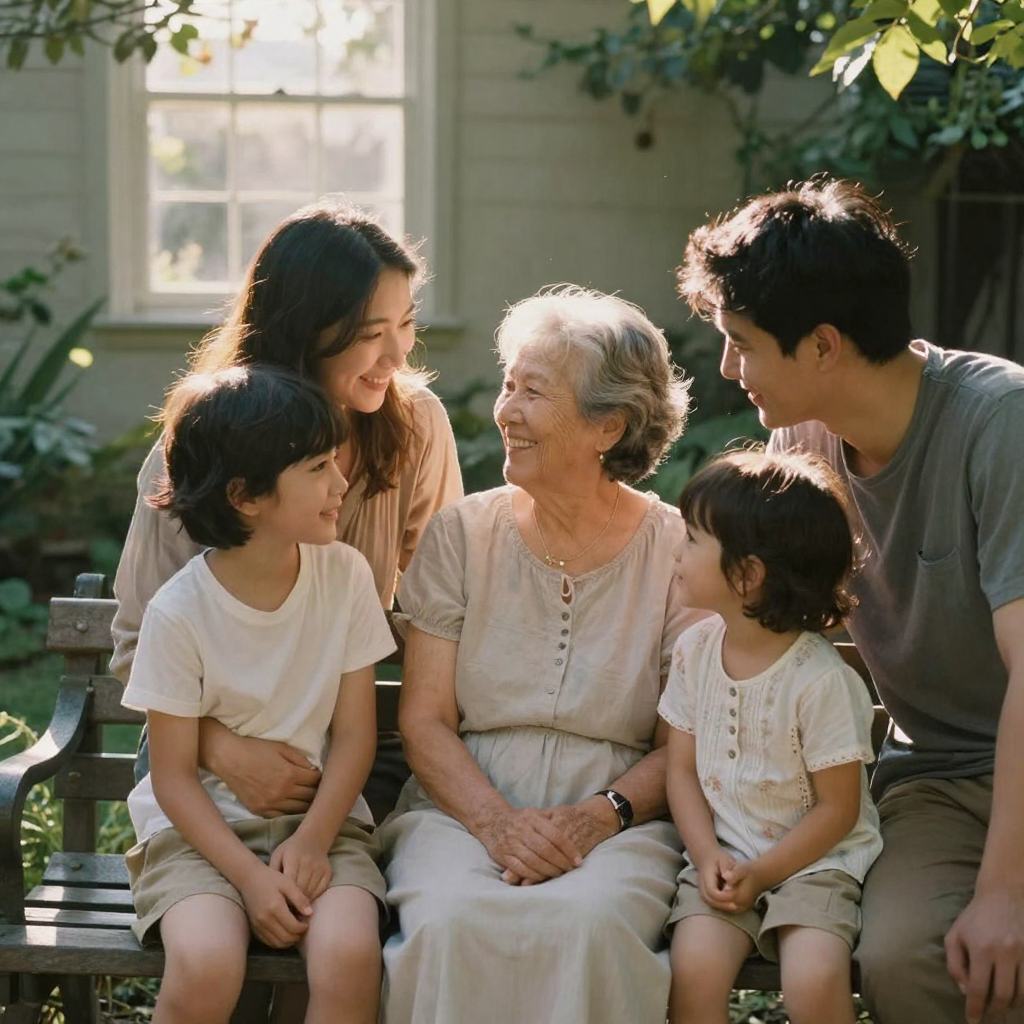 A warm family portrait on a garden bench at golden hour, one grandmother beaming while relatives lean in close, soft dap