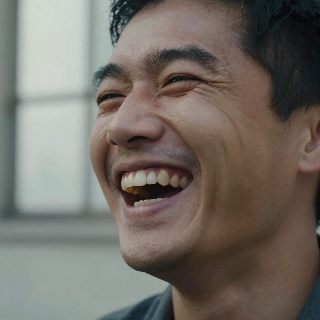 Close-up of a man's face breaking into a genuine laugh outdoors, crinkled eyes and natural teeth, soft overcast daylight