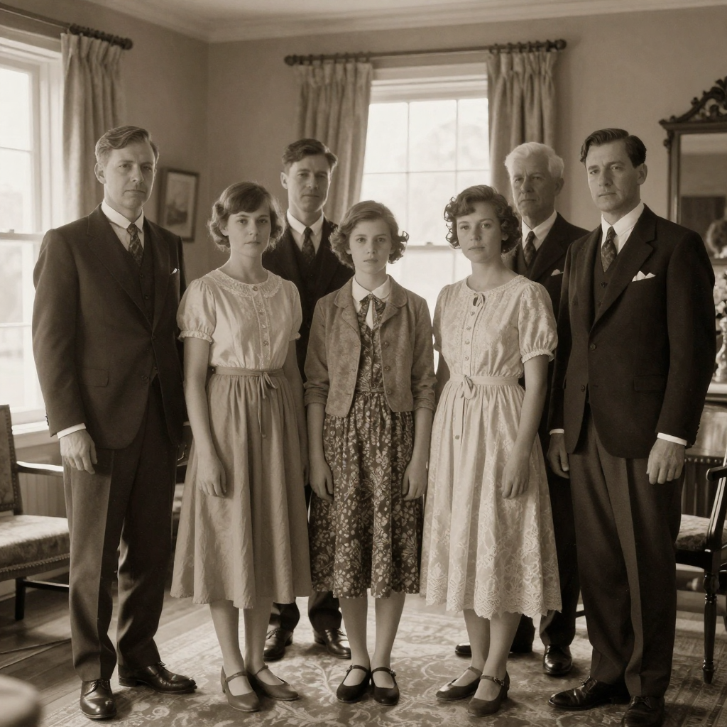 A vintage-style formal family group standing stiffly in Sunday best in a sunlit parlor, neutral solemn expressions, sepi