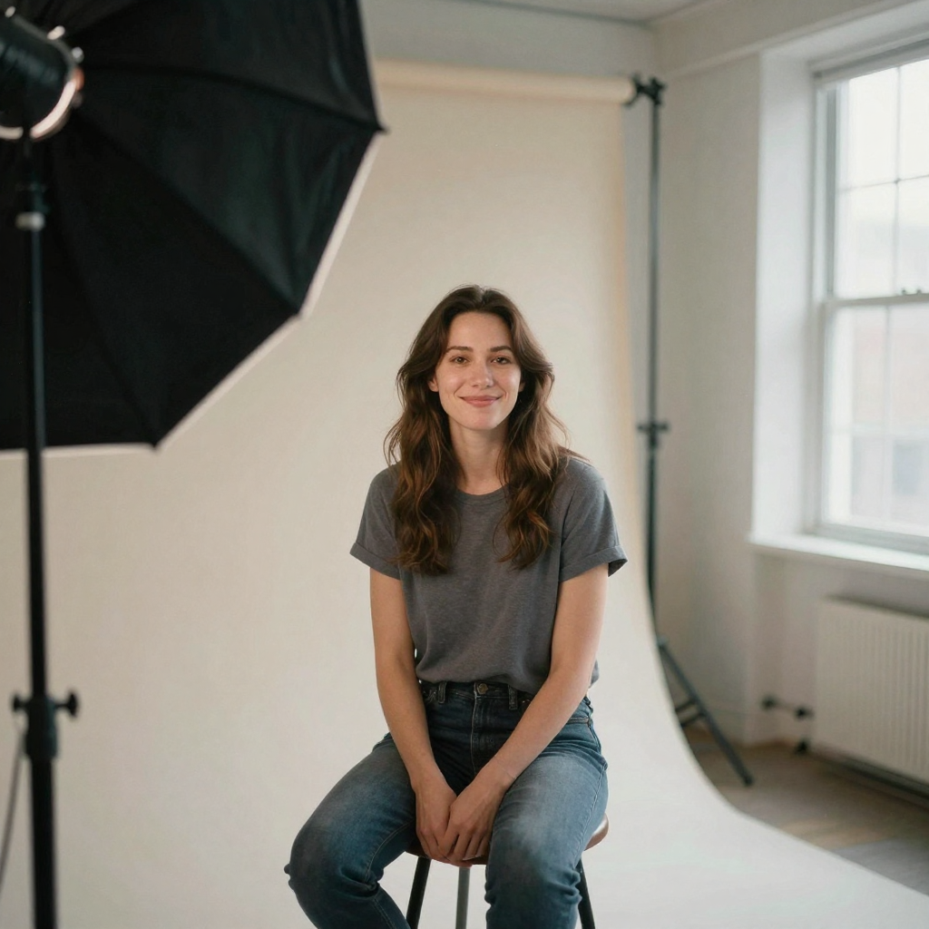 A professional headshot setup with a woman seated on a stool under a soft key light in a studio, gentle natural smile fo