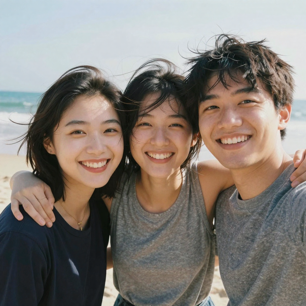 Three friends squeeze together for a selfie at a sunny beach, arms around shoulders, wide happy grins, wind in their hai