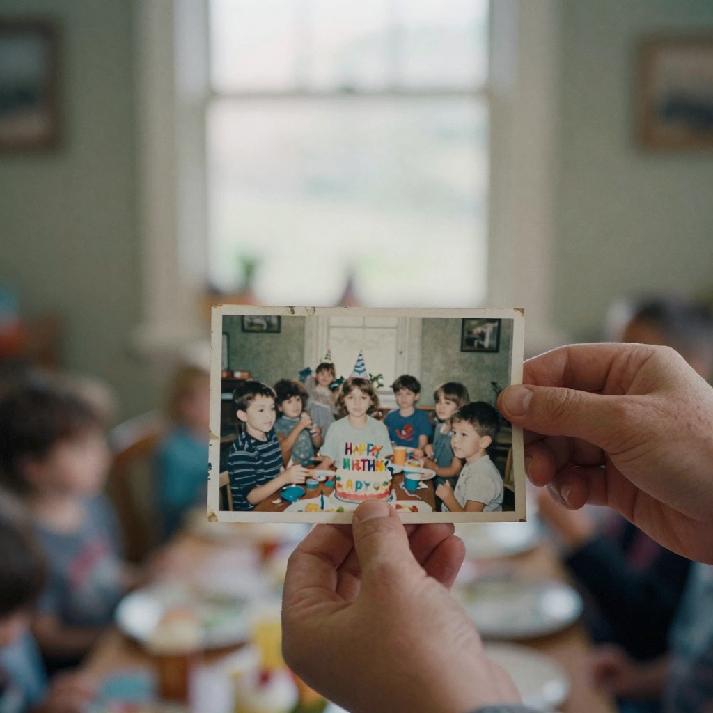 An old creased printed photograph of a child at a birthday party held in weathered hands, faded colors, soft window ligh