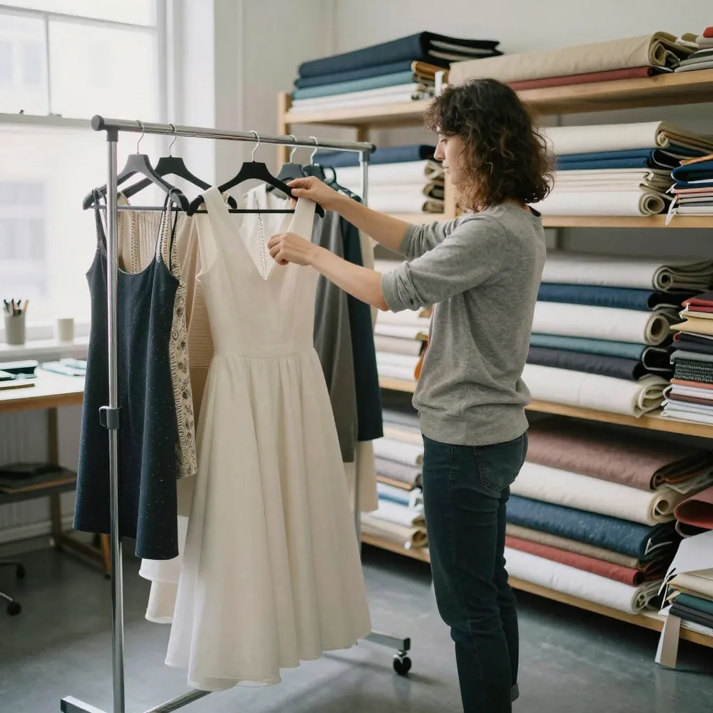 A fashion designer flipping through hanging garments on a rolling rack in an atelier, pulling out one bespoke dress, bolts of fabric stacked
