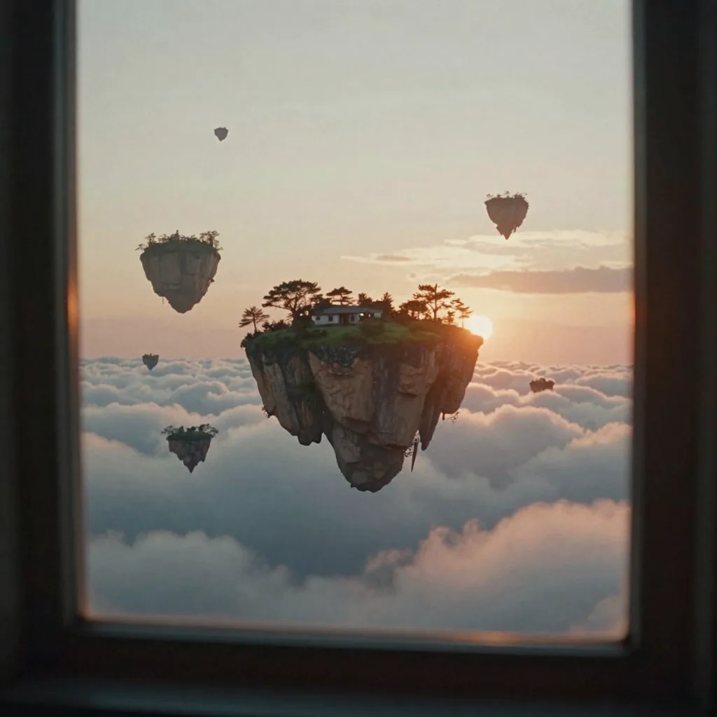 a surreal dreamy landscape of floating islands above clouds at sunset, painterly digital art