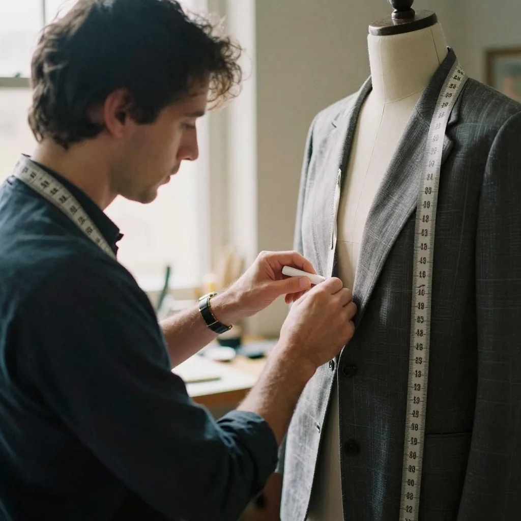 A tailor at a workbench pinning a custom pattern onto a half-finished jacket on a dress form, chalk and measuring tape draped over his shoul