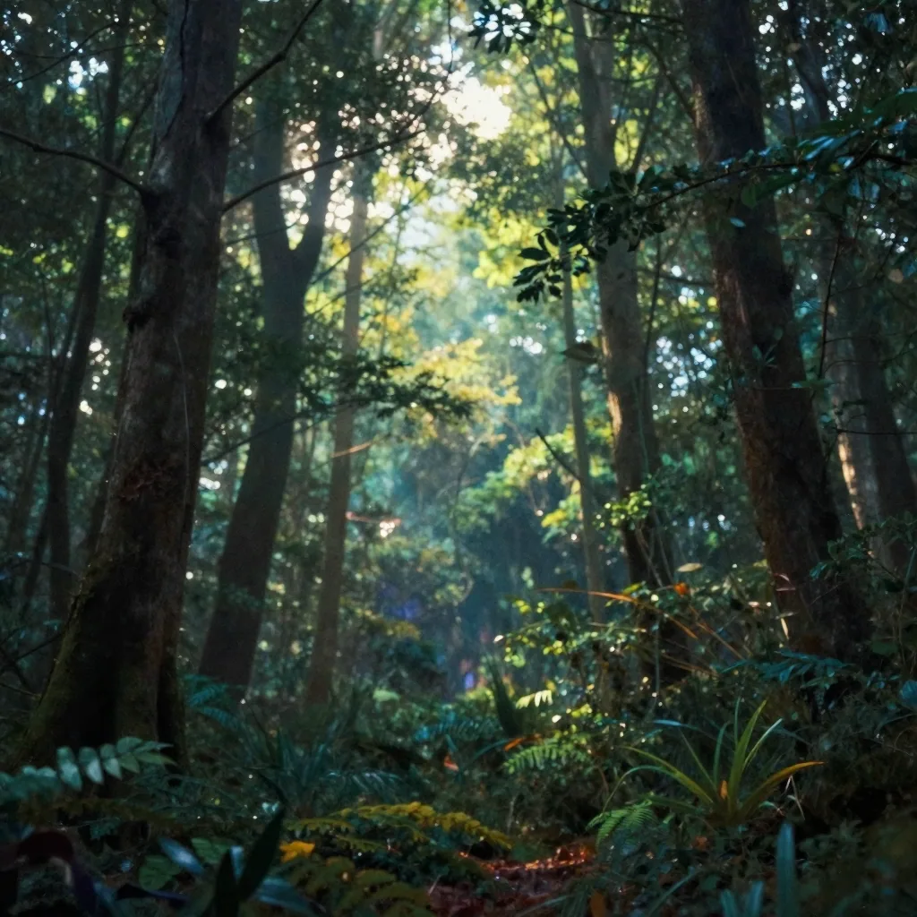 a glowing fantasy forest with soft magical light filtering through trees, richly colored digital art
