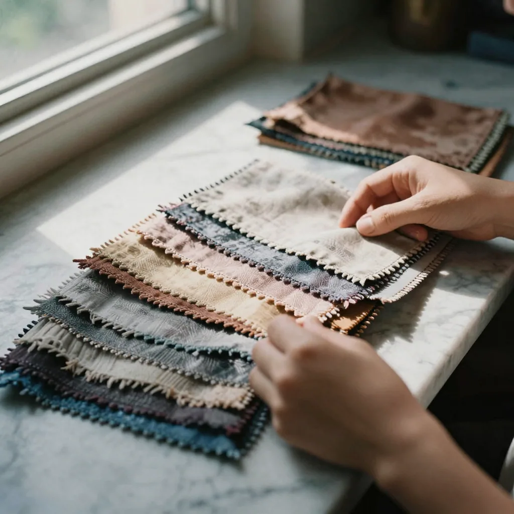 Close-up of hands arranging dozens of fabric swatches in a fanned-out spread on a marble counter, sunlight raking across the varied textures