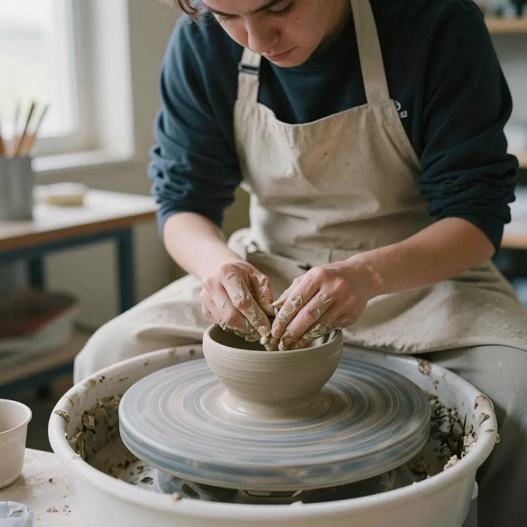 A ceramicist in an apron pressing a custom clay stamp into the base of a freshly thrown bowl, wheel still spinning slowly, dusty studio ligh