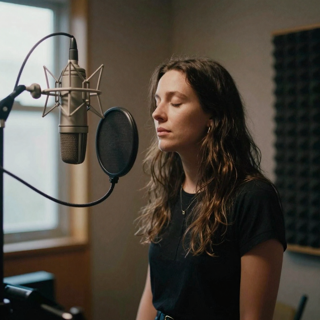 A singer stands close to a large studio condenser microphone in a dim vocal booth, eyes closed mid-note, warm spotlight,