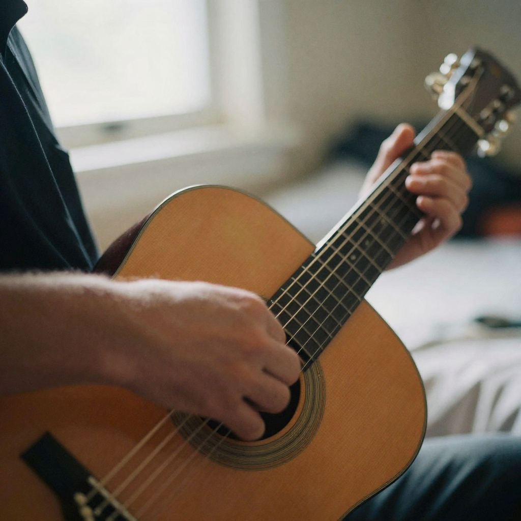 Close-up of fingers pressing down chords on an acoustic guitar in a sunlit bedroom, warm strings and grain of the wood,