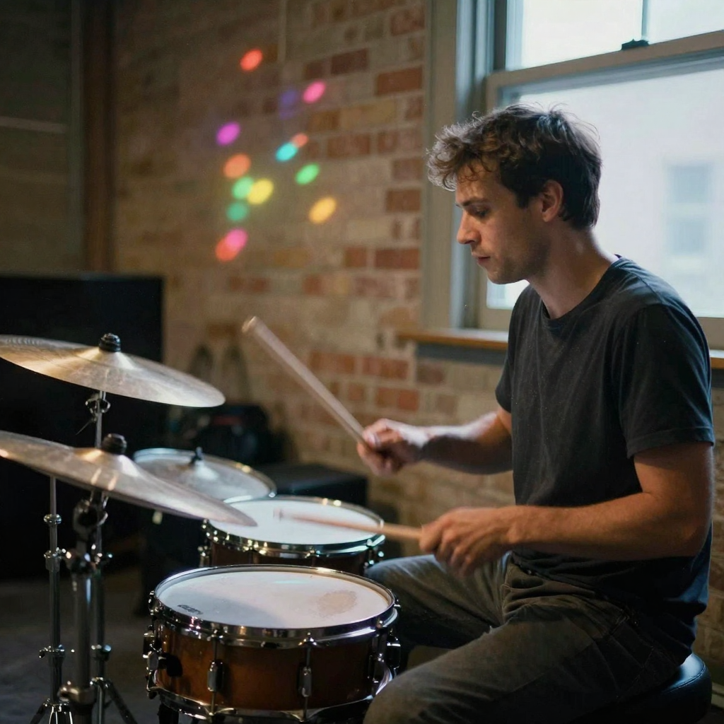 A drummer mid-strike in a rehearsal space, sticks blurred over a snare, colored practice lights spilling across brick wa