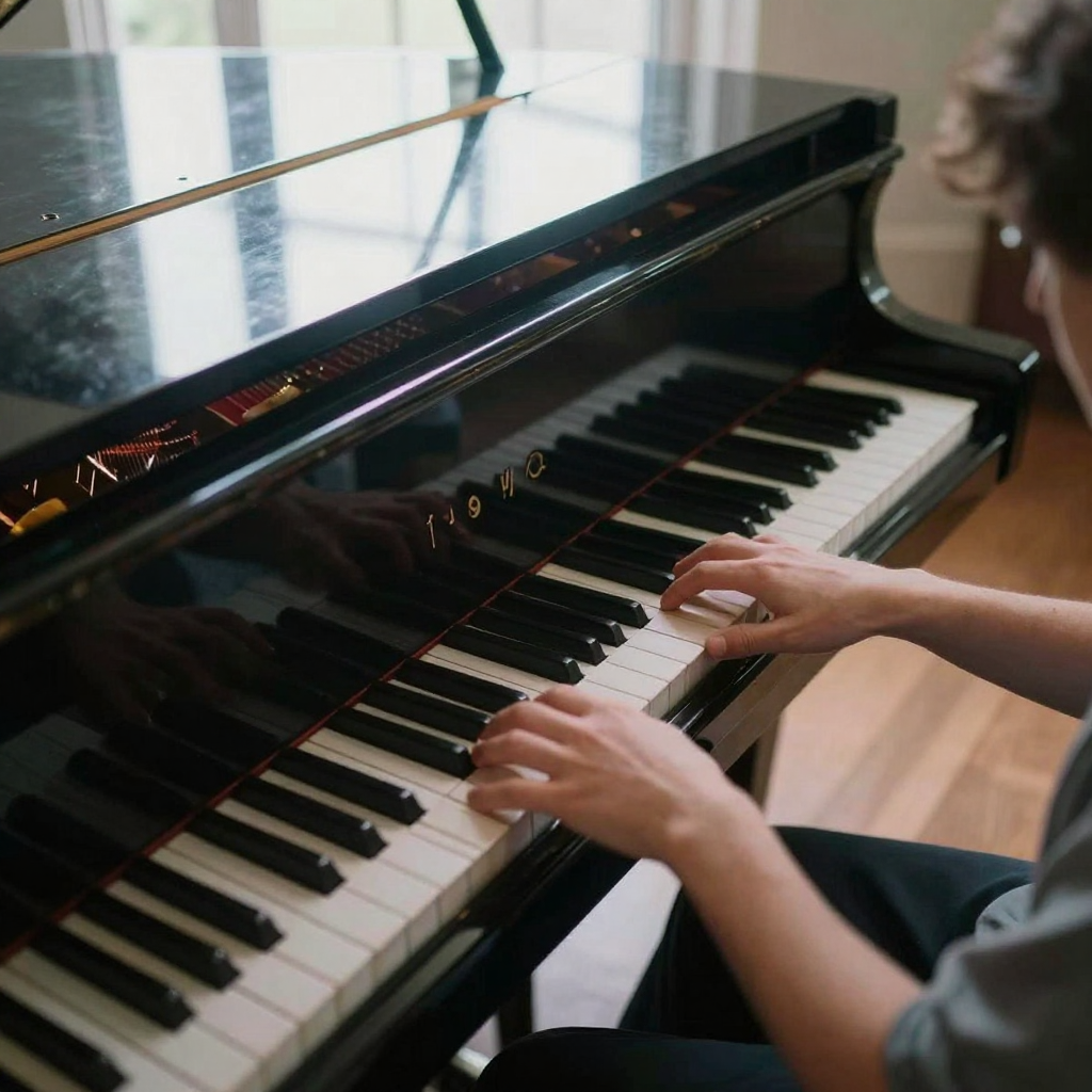 Overhead shot of a pianist's hands spread across grand piano keys in a quiet hall, soft window light reflecting off the