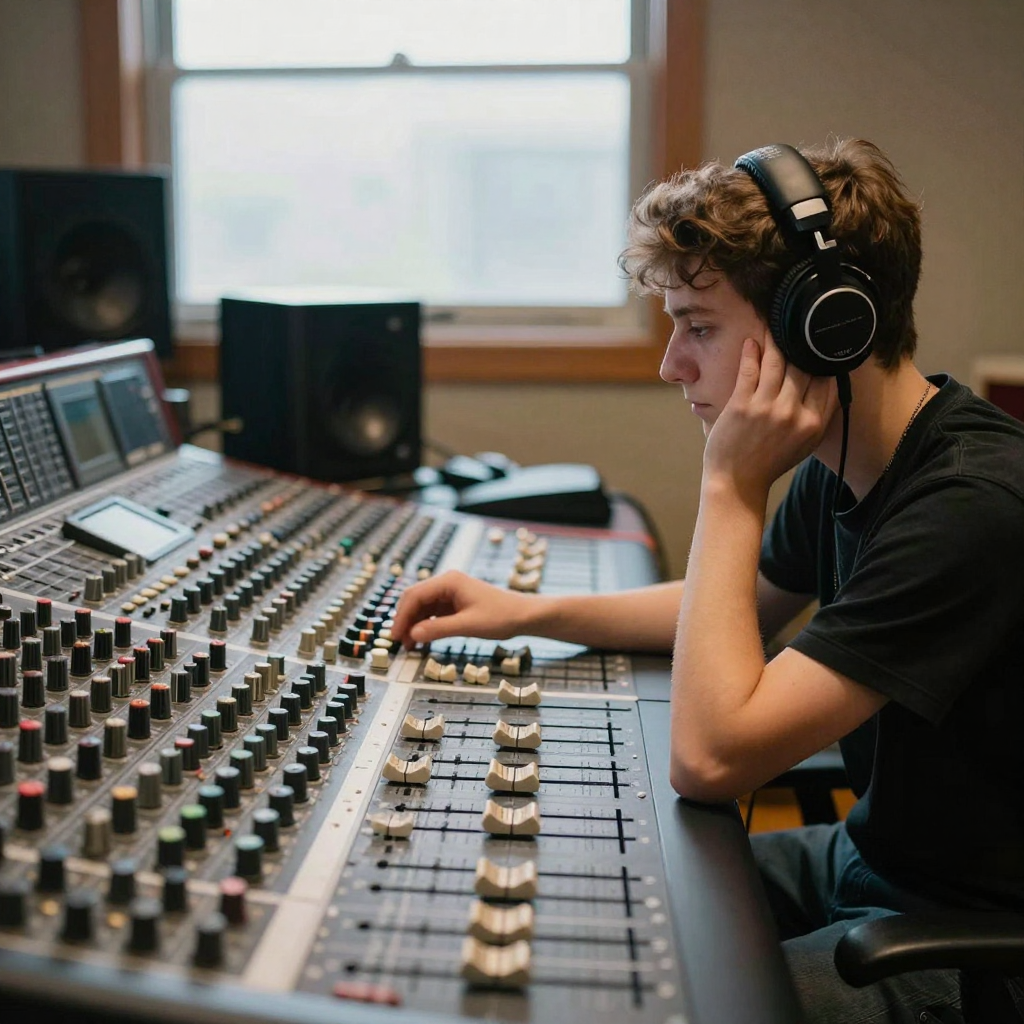 A young producer wearing large headphones nods along at a mixing console covered in physical knobs and faders, warm stud