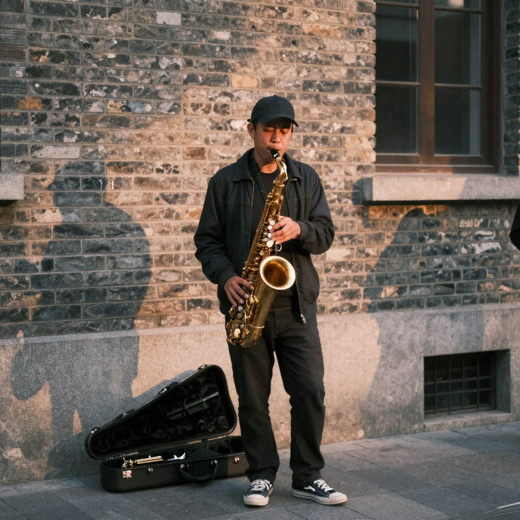 A street performer plays a saxophone under warm sunset light beside an old brick wall, open instrument case at his feet,