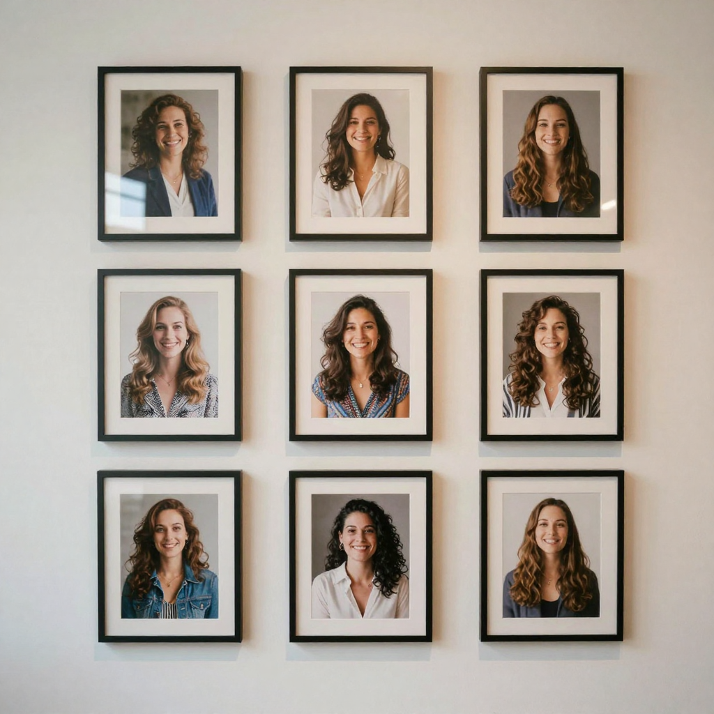 A grid of framed portrait photos of the same smiling woman in different outfits arranged on a pale studio wall, soft eve