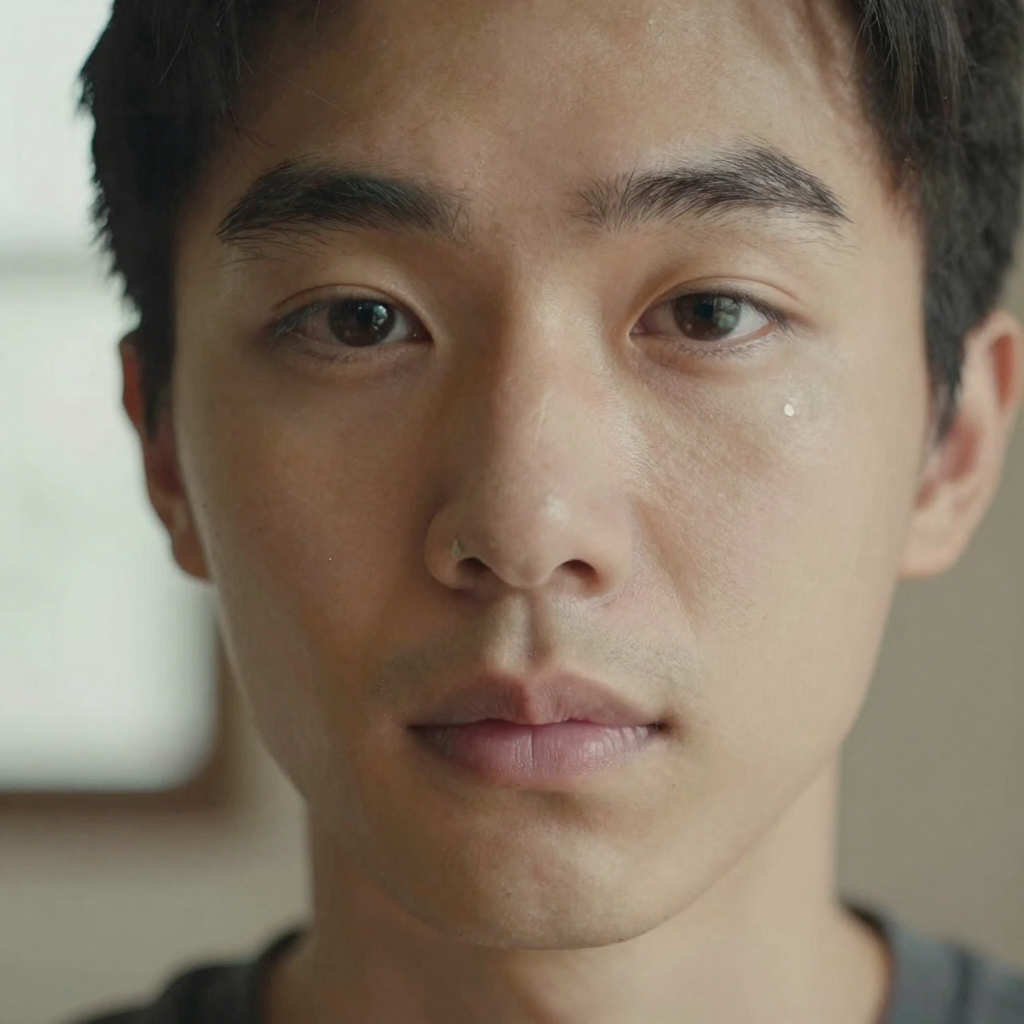 Close-up of a person's face softly lit from the front with crisp catchlights, natural skin texture, shallow depth of fie