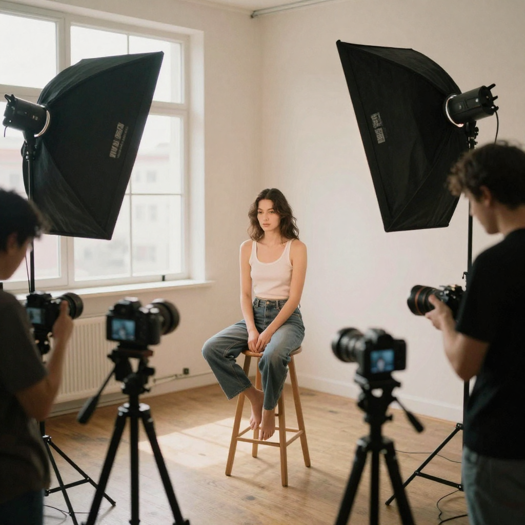 A photographer capturing a model from multiple angles under two softboxes, three cameras on tripods encircling the posin