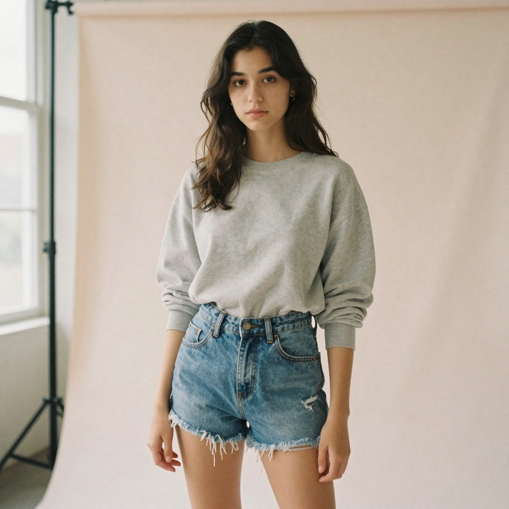 A young woman in a stylish outfit posing confidently against a pastel seamless backdrop, soft studio glow, editorial fas