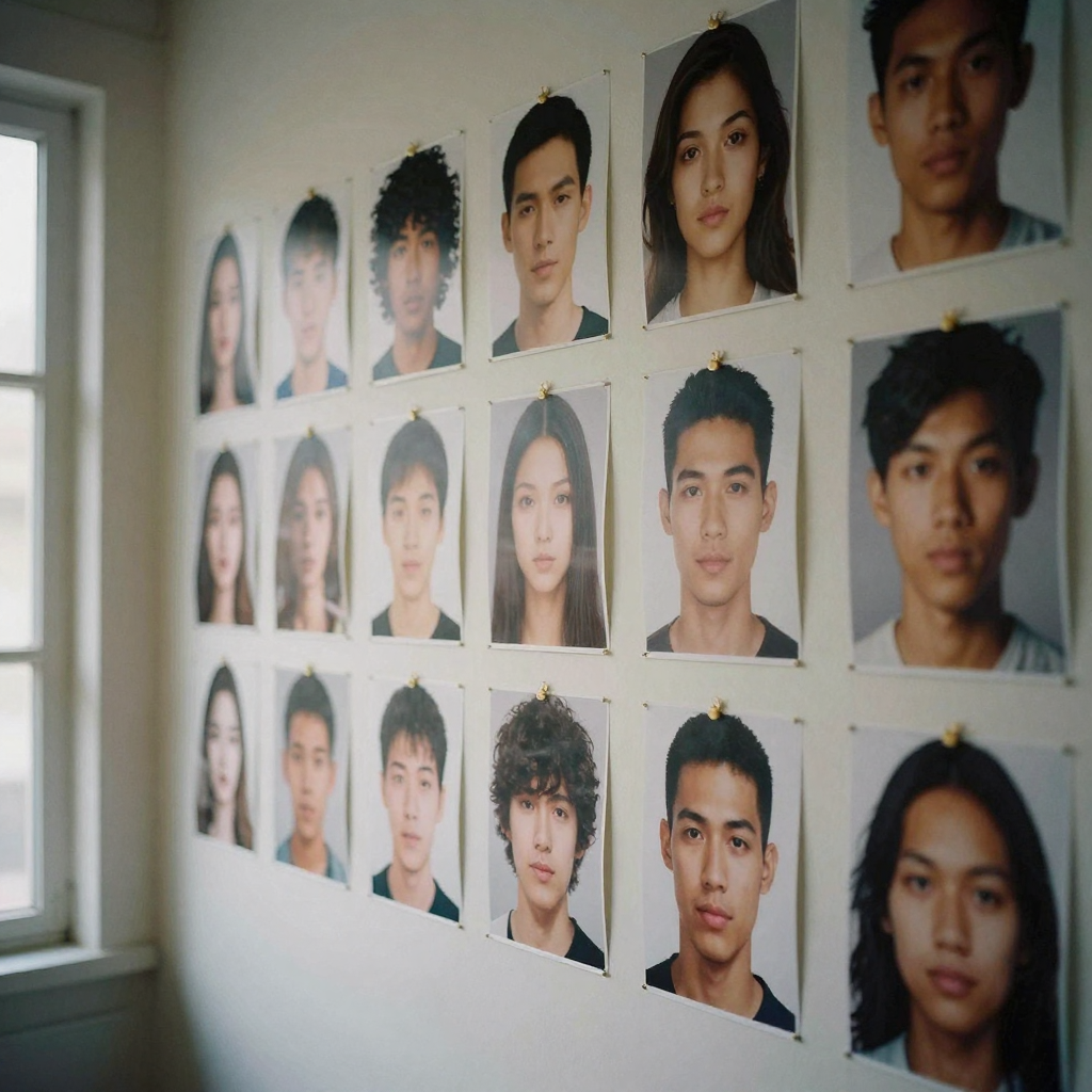 A wall pinned with many small headshot prints of the same face at slightly different angles, soft directional light, cur