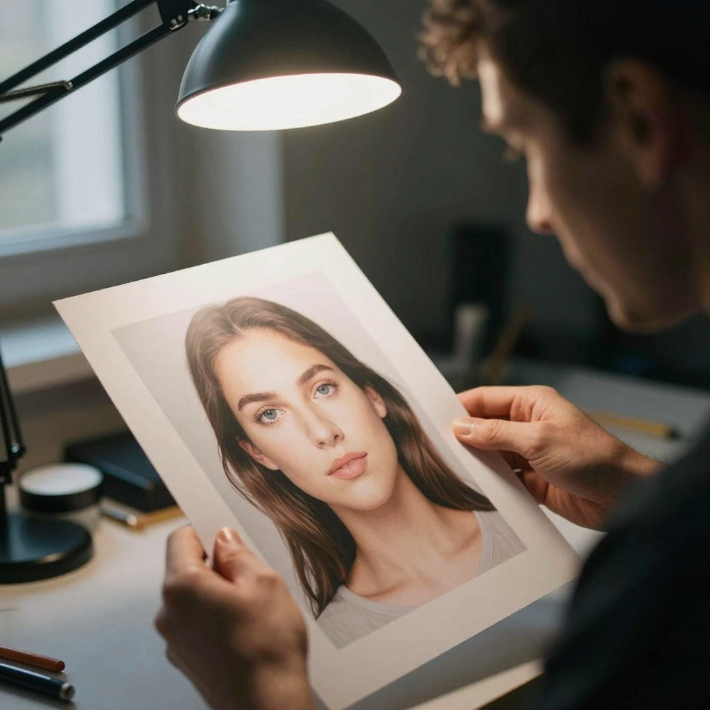 Close-up of a retoucher's hands holding a printed portrait under a bright desk lamp, examining fine facial detail, dark