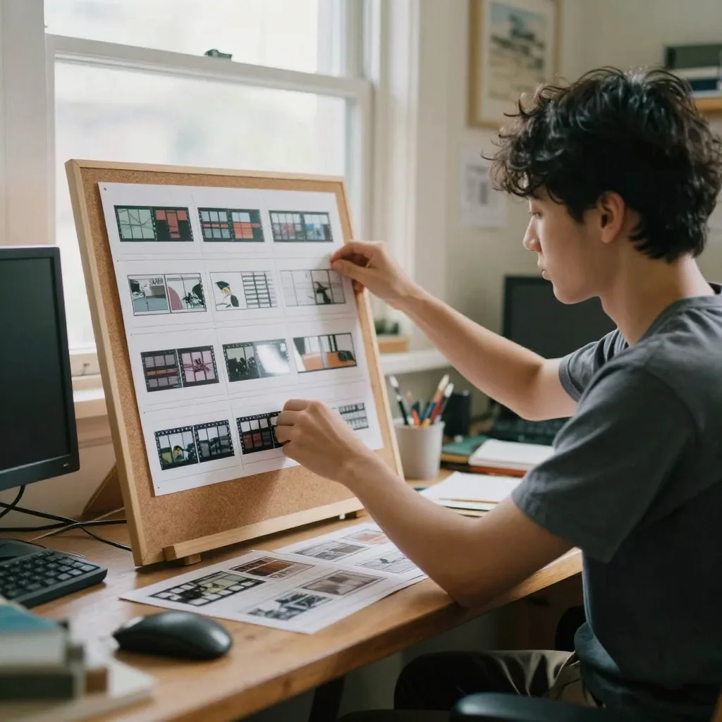 A young animator in a sunlit studio pinning printed film frames to a corkboard, arranging a storyboard sequence, warm afternoon light spilli