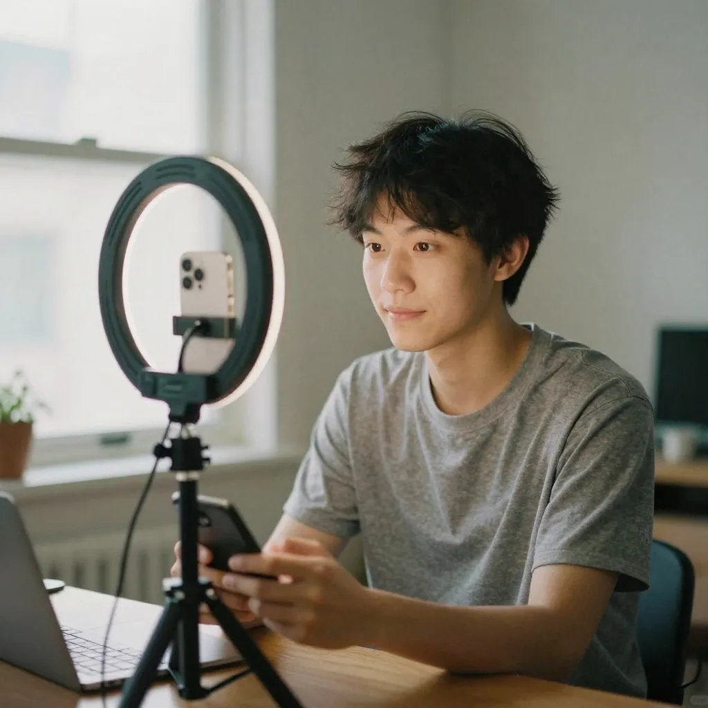 a young content creator filming themselves with a smartphone mounted on a small tripod with a ring light, cozy bright room, natural window l