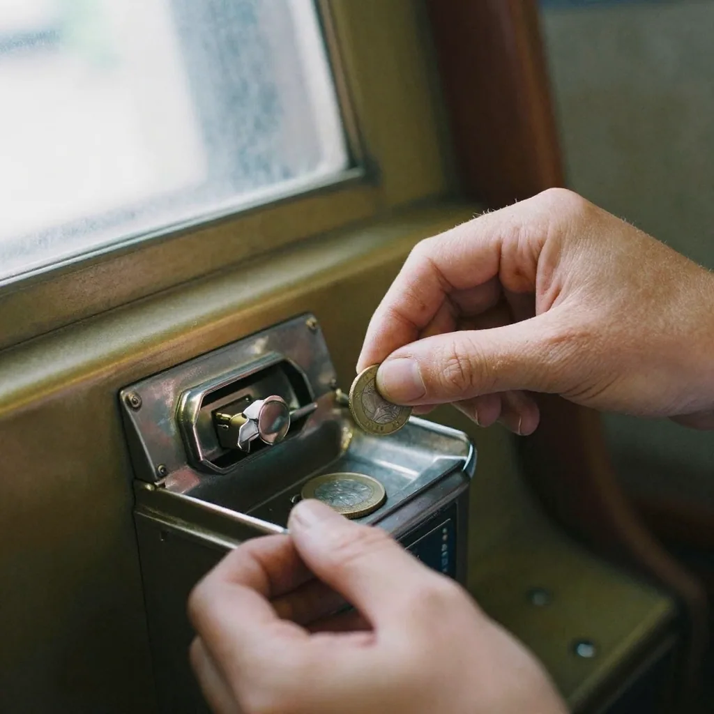 Close-up of hands feeding a single coin into an old brass arcade token machine, the token dropping into a metal tray, worn fingertips catchi
