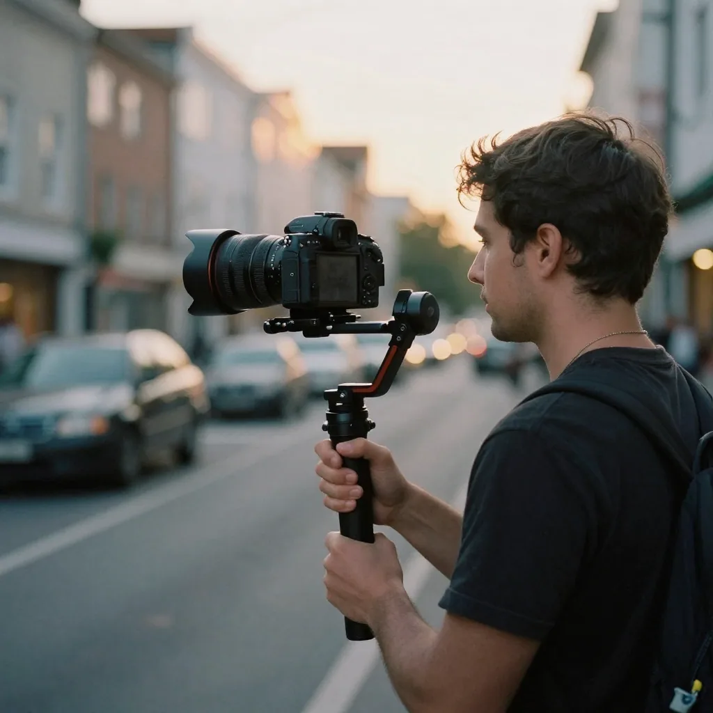 a filmmaker holding a mirrorless camera on a gimbal on a city street at golden hour, cinematic bokeh