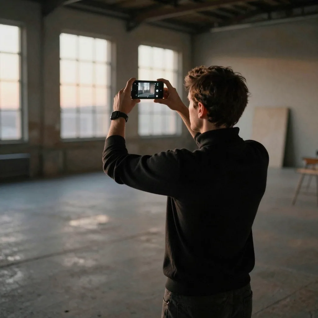 A film director in a black turtleneck framing a shot with his hands raised in a rectangle, standing in an empty warehouse soundstage at dusk