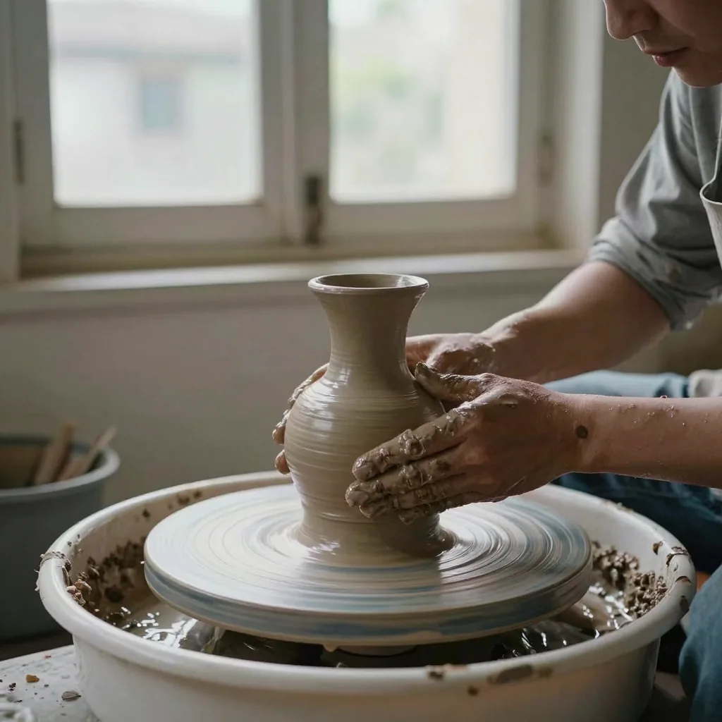 A ceramic potter's wheel spinning a wet clay vase in a rustic workshop, muddy hands shaping the rising form, morning light through a dusty w