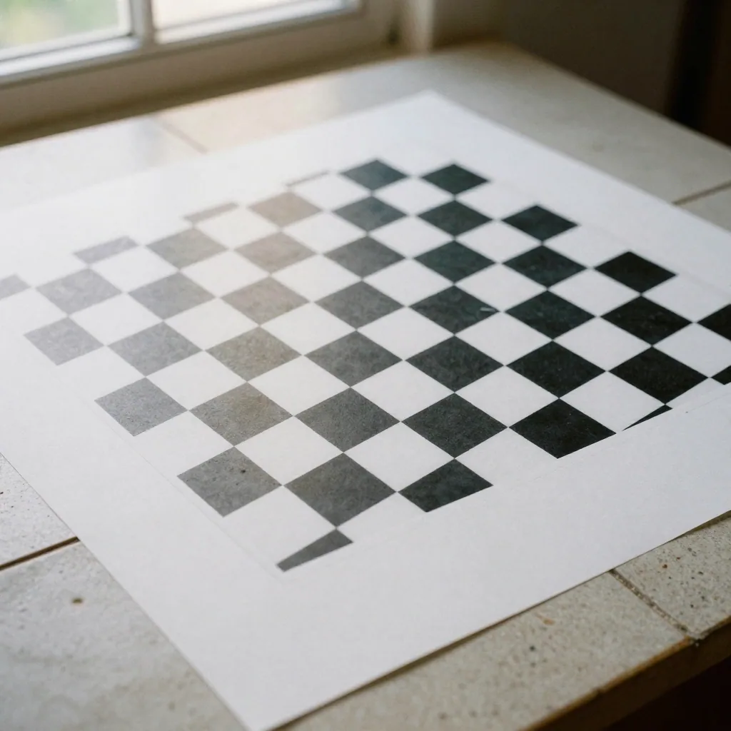 A checkerboard transparency pattern on a physical tile surface being covered by a sheet of solid white paper, crisp over