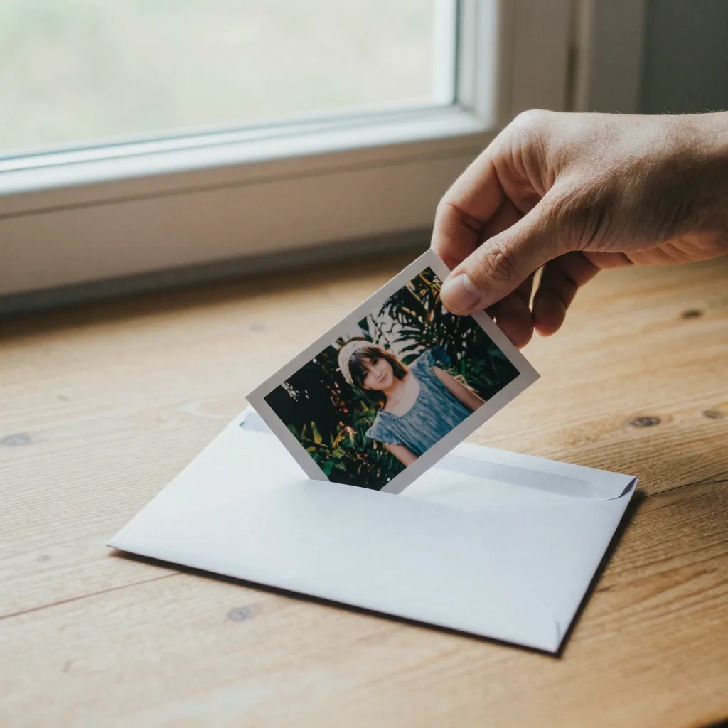 A hand dropping a small photo print into a compact envelope on a wooden table, natural window light and a simple minimal