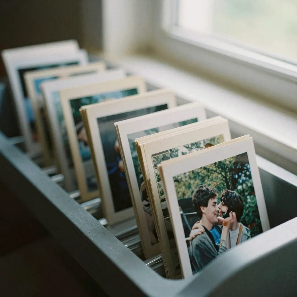 A row of identical photo prints in a paper tray, one noticeably thinner and smaller than the rest, soft daylight from a