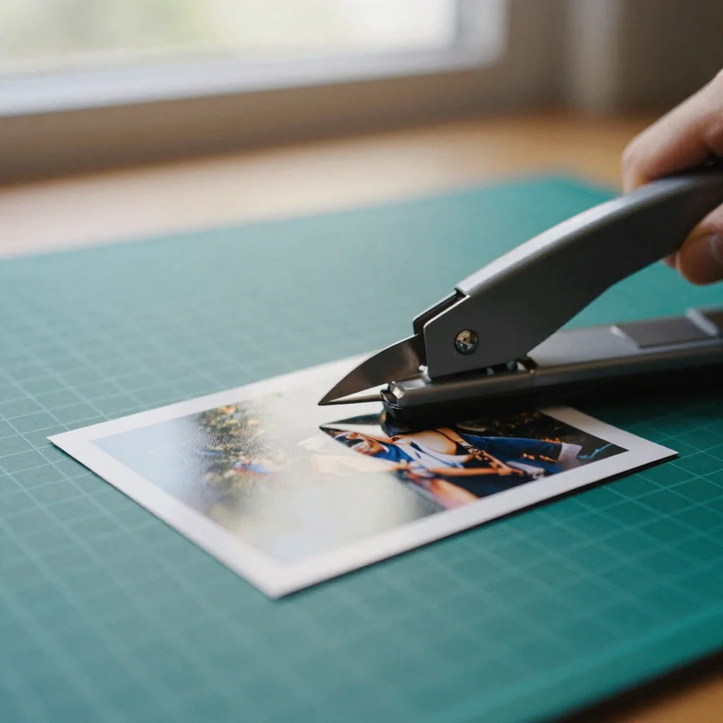 Close-up of a paper cutter blade poised over a glossy square photo print on a green cutting mat, tidy studio lighting