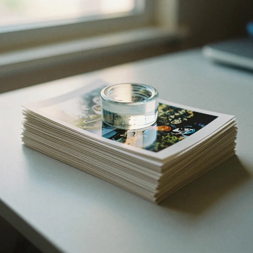 A stack of printed snapshots compressing under a smooth glass weight on a clean desk, warm afternoon light glinting off