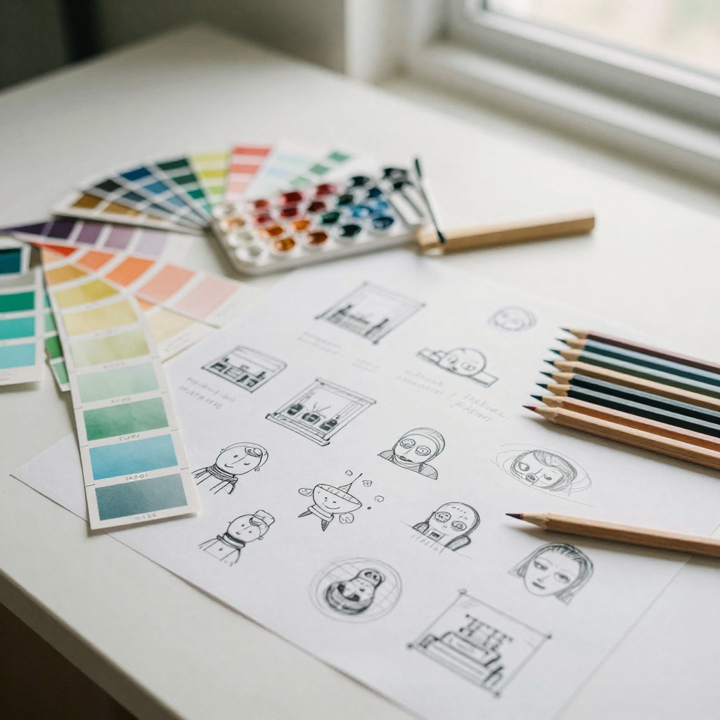 An overhead flat lay of a designer's desk with color swatches, a paint fan deck, sketched thumbnails on tracing paper, a