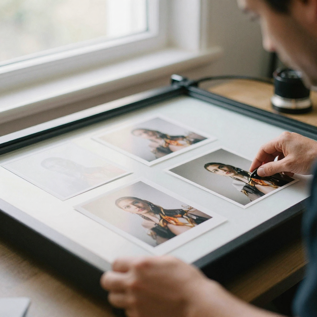 A photographer arranging several small physical prints of the same product shot in different styles across a light table