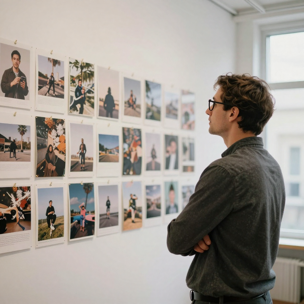 A creative professional standing back with arms crossed studying a wall covered in pinned printed image thumbnails of va